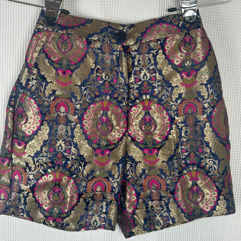 Handmade Silk Brocade Shorts Blue Gold Pink Damask Metallic High Waist Luxury